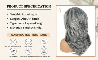 Grey Wig for Women Long Layered Silvery Wavy Synthetic Wig with Highlights 18 Inch Rose Net Cap Beginner Friendly Natural Look Daily Wear Party Cosplay