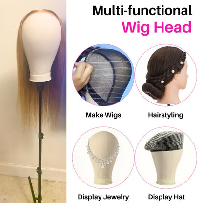 Canvas Mannequin Head for Wig Making with Stand — 21 22 23 24 Inch Set with Needles & Wig Caps, Holes for Styling Headbands, Ideal for Lace Wig Making Display Practice Salon