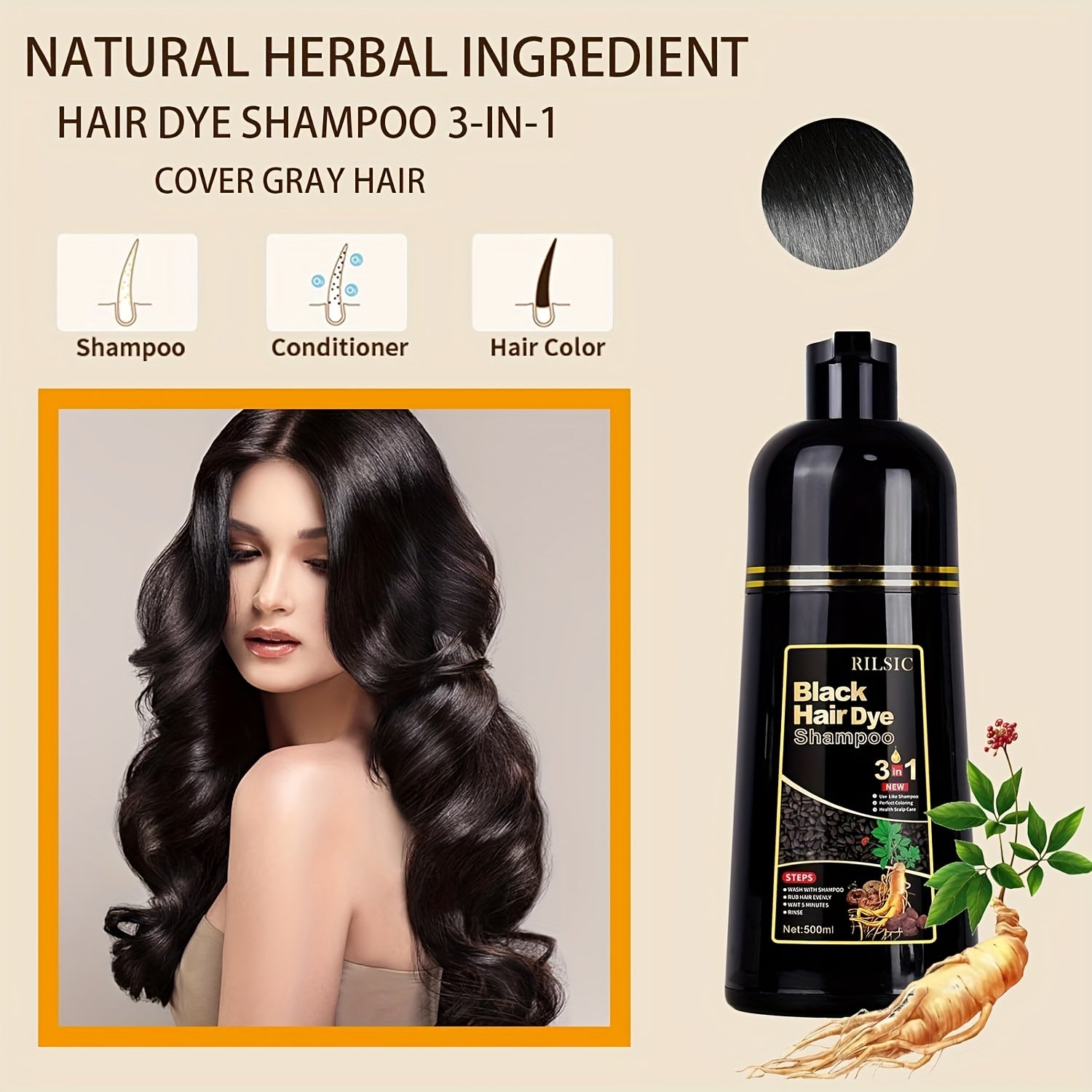 2pcs Hair Dye Shampoo For Grey Hair, 16.91oz Herbal Natural Hair Dye 3 In 1, Instant Hair Colour Shampoo, Plant Squalene Hair Shampoo, Hair Dye Hair Color Shampoo Coloring In Minutes For Women Men