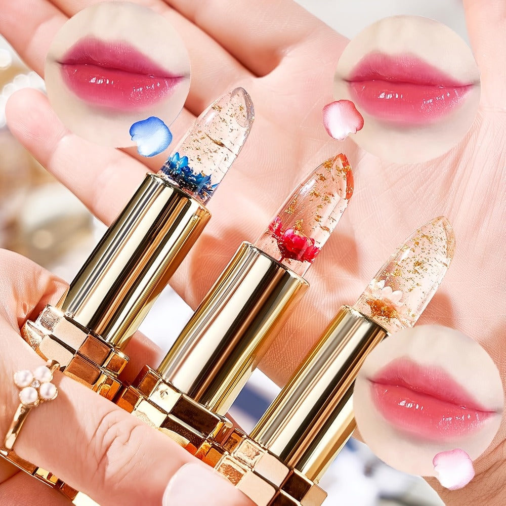 Color Changing Lip Gloss Set 3 Pcs - Temperature Magic Pink Tint, Crystal Jelly Balm & Lipstick Combo, Plant Squalane Moisturizing, Natural Hydrating Lip Makeup, Valentine's Day Christmas Gift