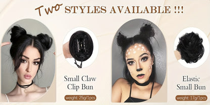 Clip In Hair Bun Extensions Mini Donut Bun with Cat Ears Messy Bun Claw Clip Hairpiece Synthetic Fiber Instant Updo Women Girls Multiple Colors 2 Pcs Set