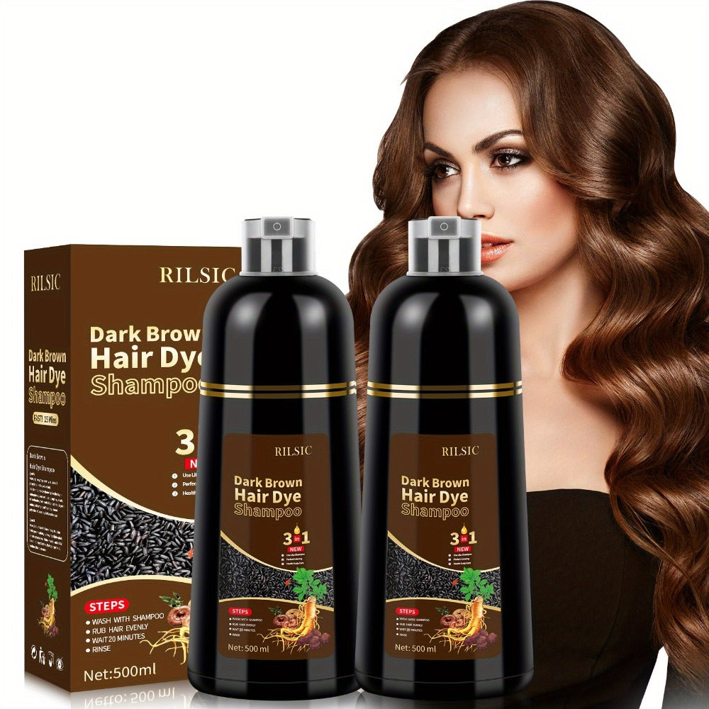 Hair Dye Shampoo 2 Pack Grey Hair 3-in-1 Herbal Plant-Based Squalane Colors in Minutes Kit with Gloves Earmuffs Headgear Shawl Black Brown 500ml Each