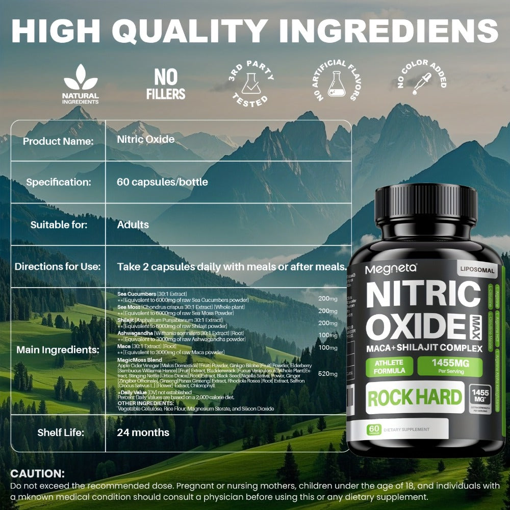 Megneta Nitric Oxide, Men's Vitality Supplement for Energy and Focus, Healthy Blood Flow, Cardiovascular Health, with L Arginine & L Citrulline - 60 capsules