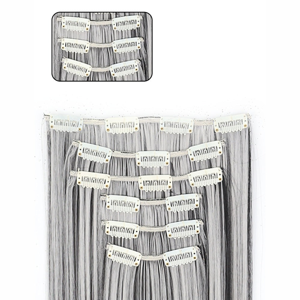 Gray Hair Clip Extensions 6 Piece Set 24 Inch Heat Resistant Synthetic Fiber Space Gray Clip In Hair Extensions for Women Daily Wear Halloween Costume