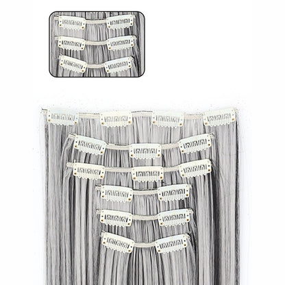 Gray Hair Clip Extensions 6 Piece Set 24 Inch Heat Resistant Synthetic Fiber Space Gray Clip In Hair Extensions for Women Daily Wear Halloween Costume