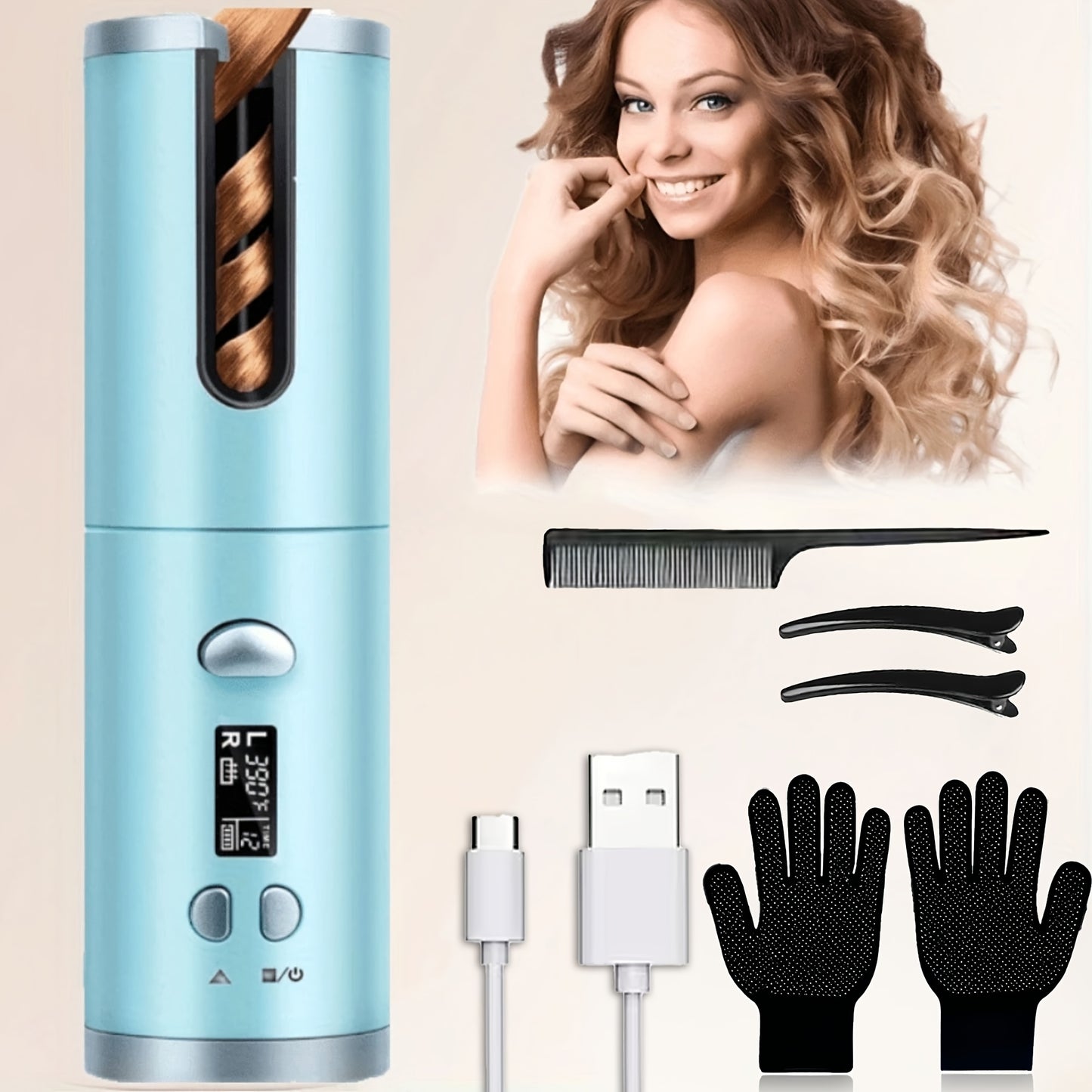 Automatic Hair Curler Cordless USB Rechargeable – Rotating Curling Iron with 6 Heat Settings, LCD Display, Auto Shut-Off, Storage Bag & Hair Clips Included