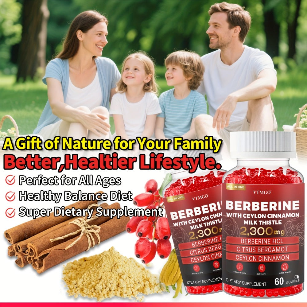 2300Mg Premium Berberine HCL Supplement - with Pure True Ceylon Cinnamon, Milk Thistle, Turmeric for Natural Health And Wellness. Nature'S Gift of Health And Happiness, Berry Flavor, Suitable for Both Men And Women. 60 GUMMIES