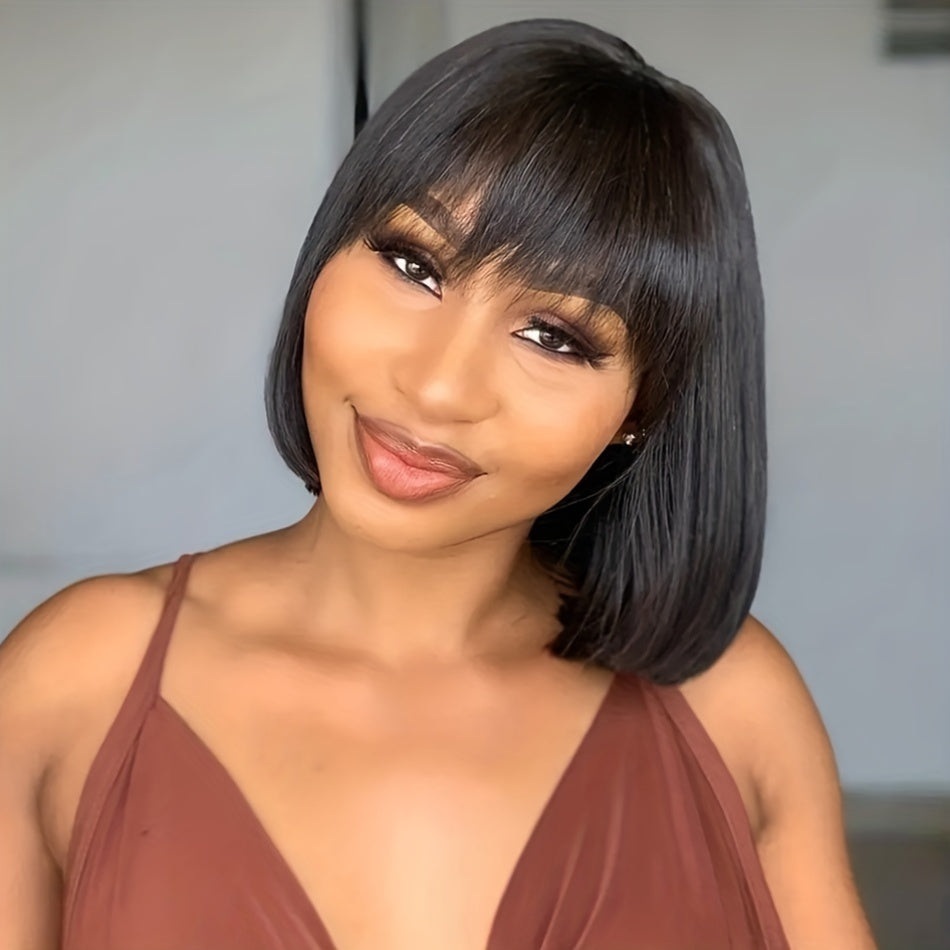 Straight Short Bob Human Hair Wigs with Bangs Brazilian Black Full Machine Made Glueless Wigs with Fringe 200% Density Wigs for Women Human Hair