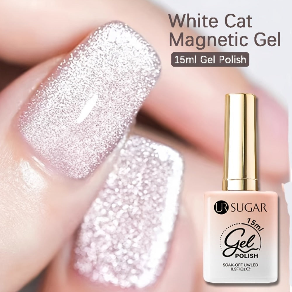 UR SUGAR 2pcs/Set 0.51oz Shine White Cat Magnetic Gel Nail Polish on Any Color Gel Sparkling Glitter Semi Permanent Soak Off Gel with Magnetic Stick