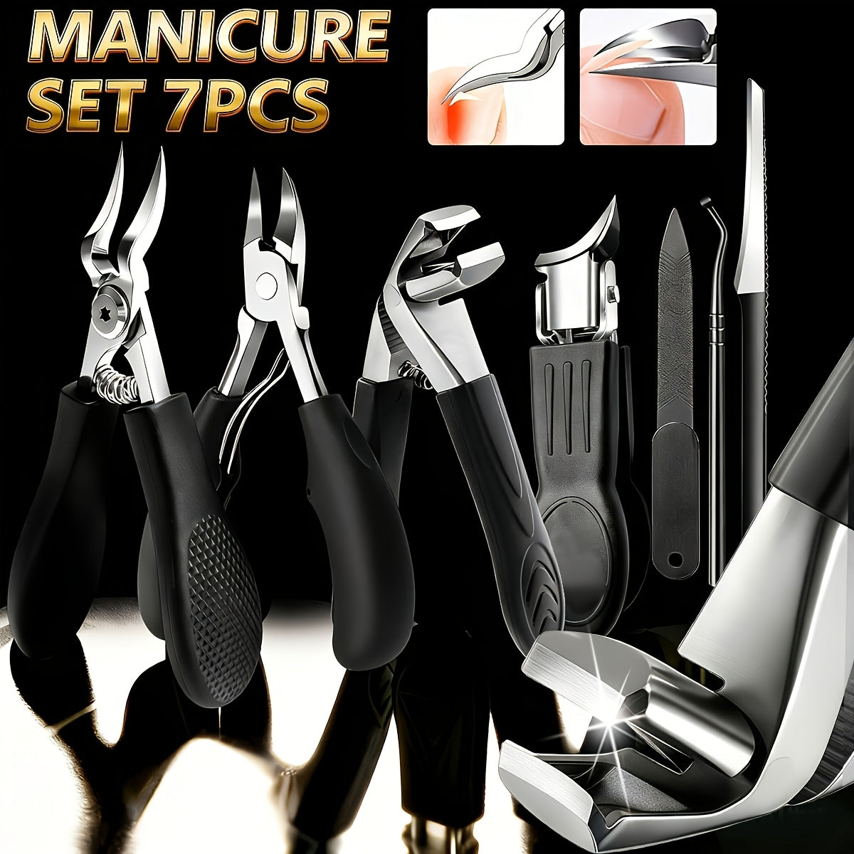 [Nail Care Set] 7pcs Nail Care Set, Suitable For Ingrown Toenails And Thick Toenails - Equipped With Nail File, Cuticle Nipper And Dead Skin Tool - Toenail Clippers With Angled Head & Curved Blades - Classic Black Handle For Men, Women & Elderly, Personal