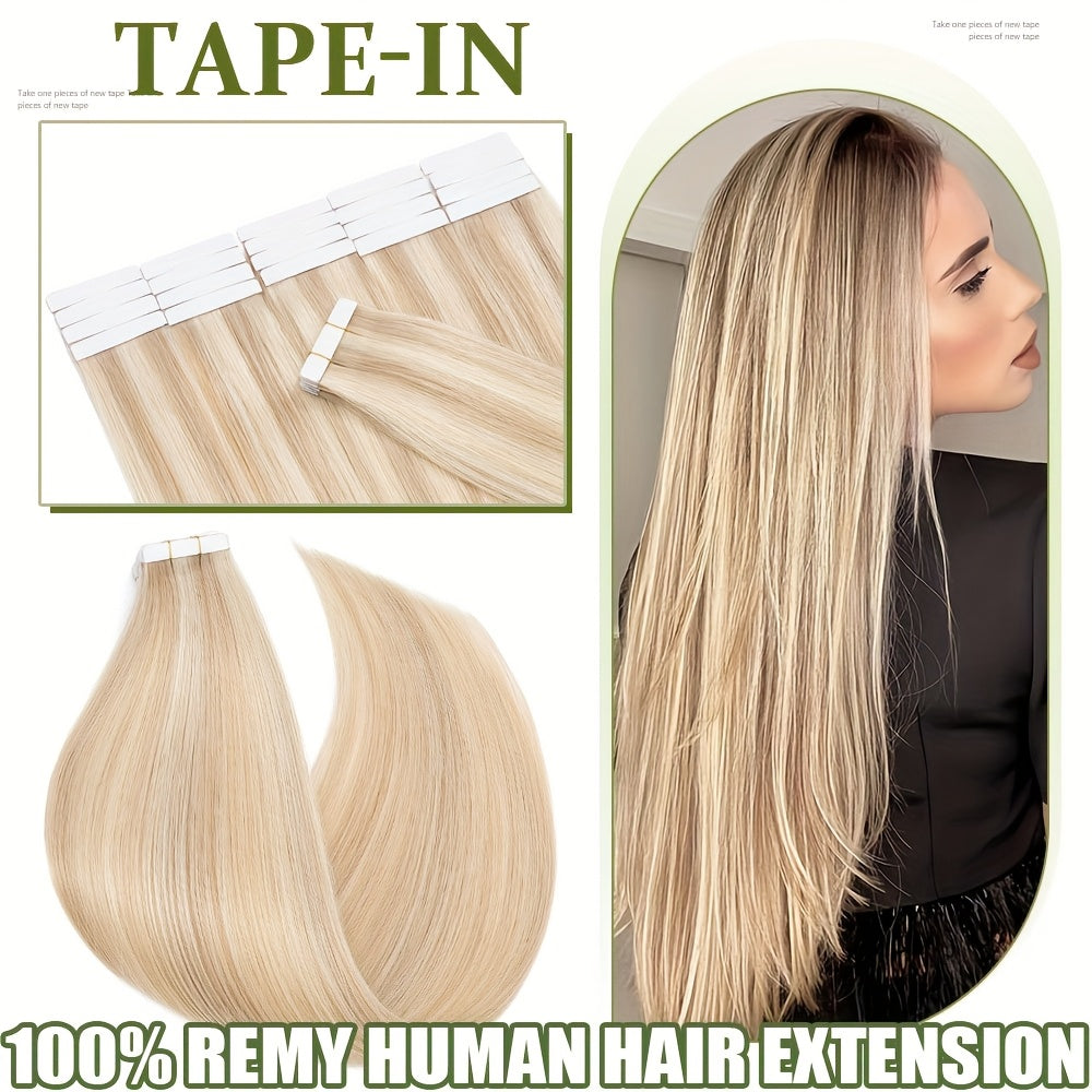 10pcs (10pcs Each) Brazilian Remy Human Hair Tape-In Extensions - Natural Straight Hair 12" 14" 16" 18" 20" 22" 24" Lengths, Invisible Tape-In Weft, 100% for Men &, Blonde/Brown/Blonde Ombre Highlights (Seamless Blending