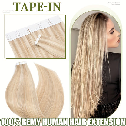 Tape In Hair Extensions Human Hair Brazilian Remy Straight - Invisible Seamless Weft 12-24 Inch Multi-Color Blonde Brown Ombre 10pcs