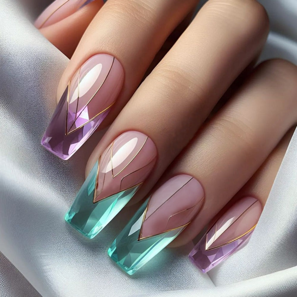Press On Nails 120 Pieces 5 Packs - Medium Almond Fake Nails Gradient Holographic | Mixed Color Orange Tones Full Cover False Nails Kit with Jelly Glue & Nail File for Women Girls