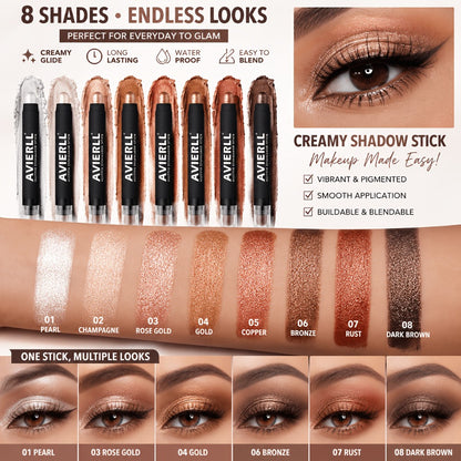 Eyeshadow Stick Set 8PCS Waterproof Long-Lasting - Shimmer, Pearlescent & Matte Eye Shadow Pencil for Smoky, Natural & Glitter Looks, Blendable Creamy Formula, Gift for Her