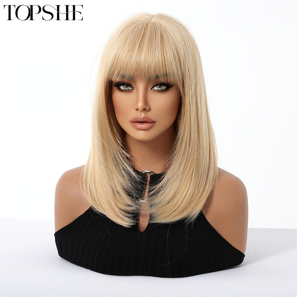14Inch Golden Layered Straight Hair Women'S Wig With Bangs, Shoulder Length, Daily Fashion, New Fashion, For Work, Dress Up, Parties, Christmas, Synthetic Wig, High-temperature Silk, Comfortable Rose Mesh Hat, Valentine'S Day, Mother'S Day Gift