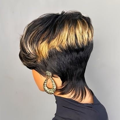Short Pixie Cut Wig with Bangs Black & Blonde — Layered Style, Brown Blonde Mix, Rose Net Cap, Synthetic Wig for Black Women, 4 Inch Daily Wear