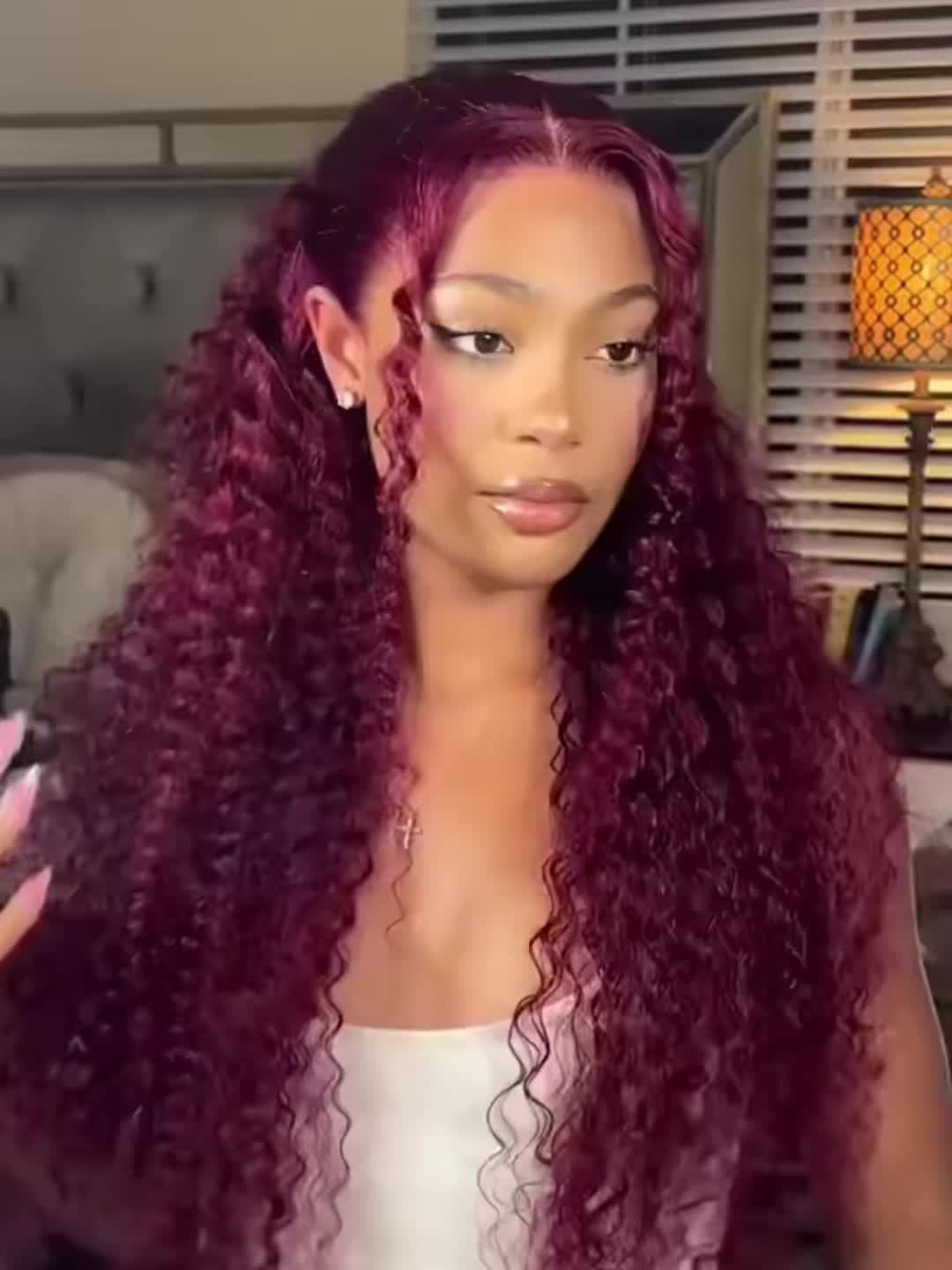 200% Density Burgundy Curly Deep Wave Frontal Wig Glueless HD Transparent Lace Front with Pre-Plucked Hair - 99J Bleached Knots Look Suitable for Women, Long-Lasting Volume & of Application