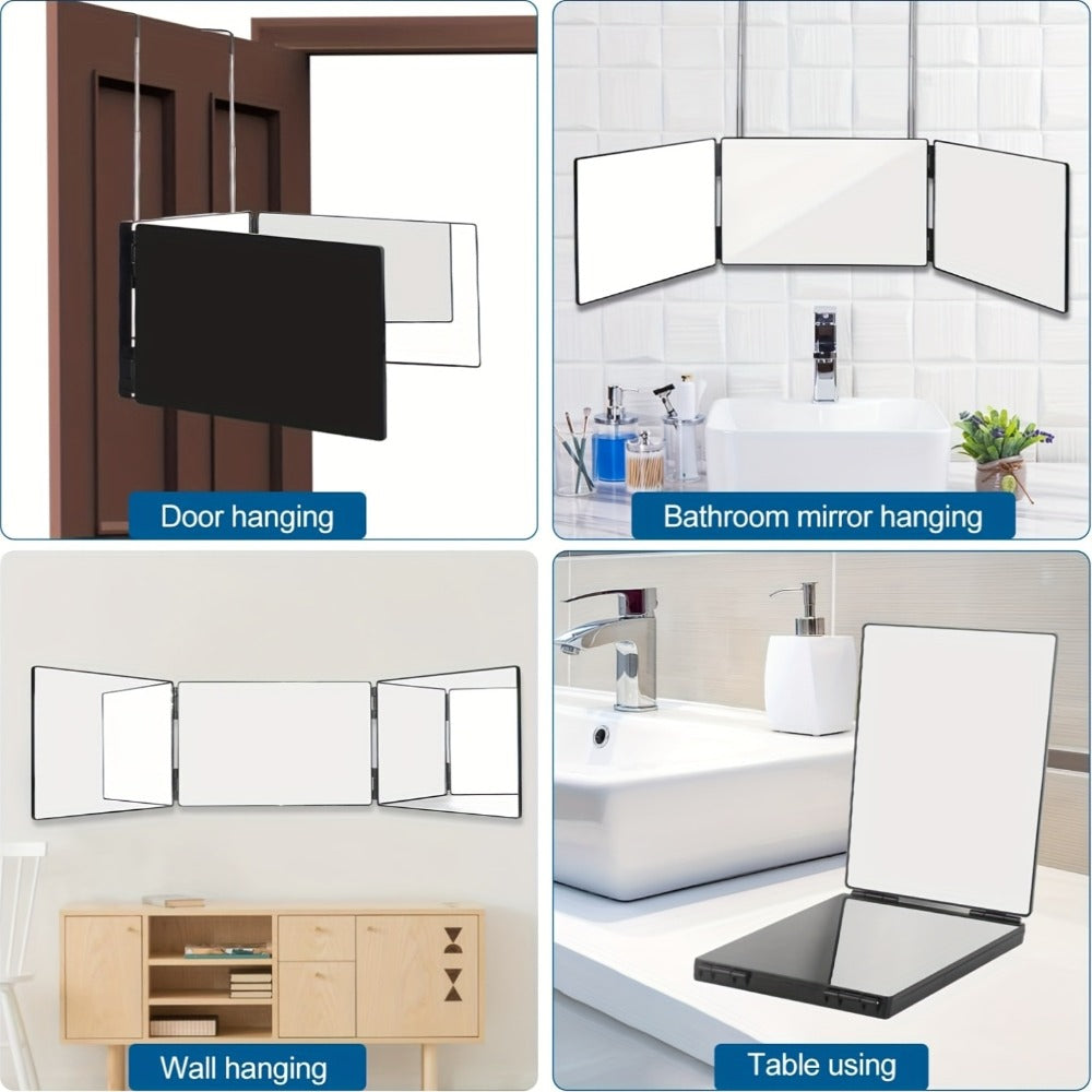 BANBERS Folding Three-Sided Mirror, Three-Way Mirror for Haircutting, with Height-Adjustable Telescopic Hook, Two Fixing Nails, 360° Viewing Angle, Clear Anti-Fog HD Glass. The Three-Way Mirror Can Be Used for Shaving, Makeup, Hairstyling, and Hair