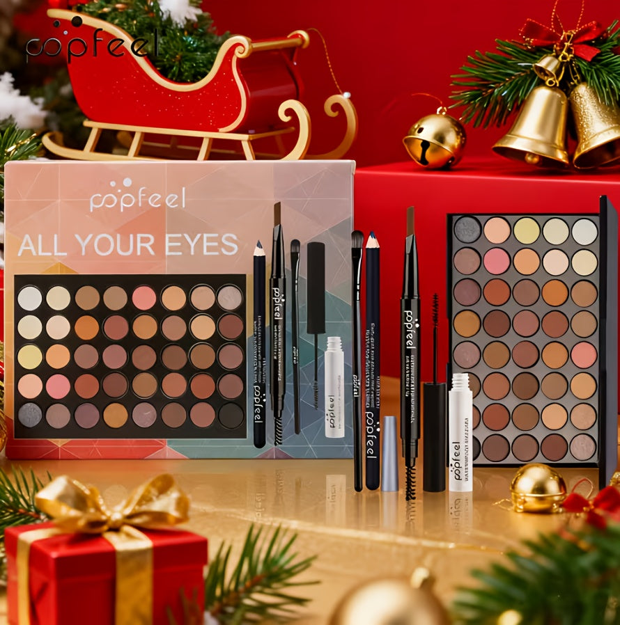 POPFEEL All-in-One Full Face Makeup Kit with Brush - Complete Beauty Set, Berry & Neutral Foundation, Blush, Eyeshadow Palette & Mascara Suitable for Gifts or Personal Use, Comprehensive Powder-Based Makeup Collection