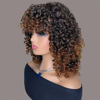 Deep Wave Bob Wig Glueless with Bangs Short Curly - Elastic Band Natural Black Ombre Gray Brown 14 Inch for Women Daily Wear