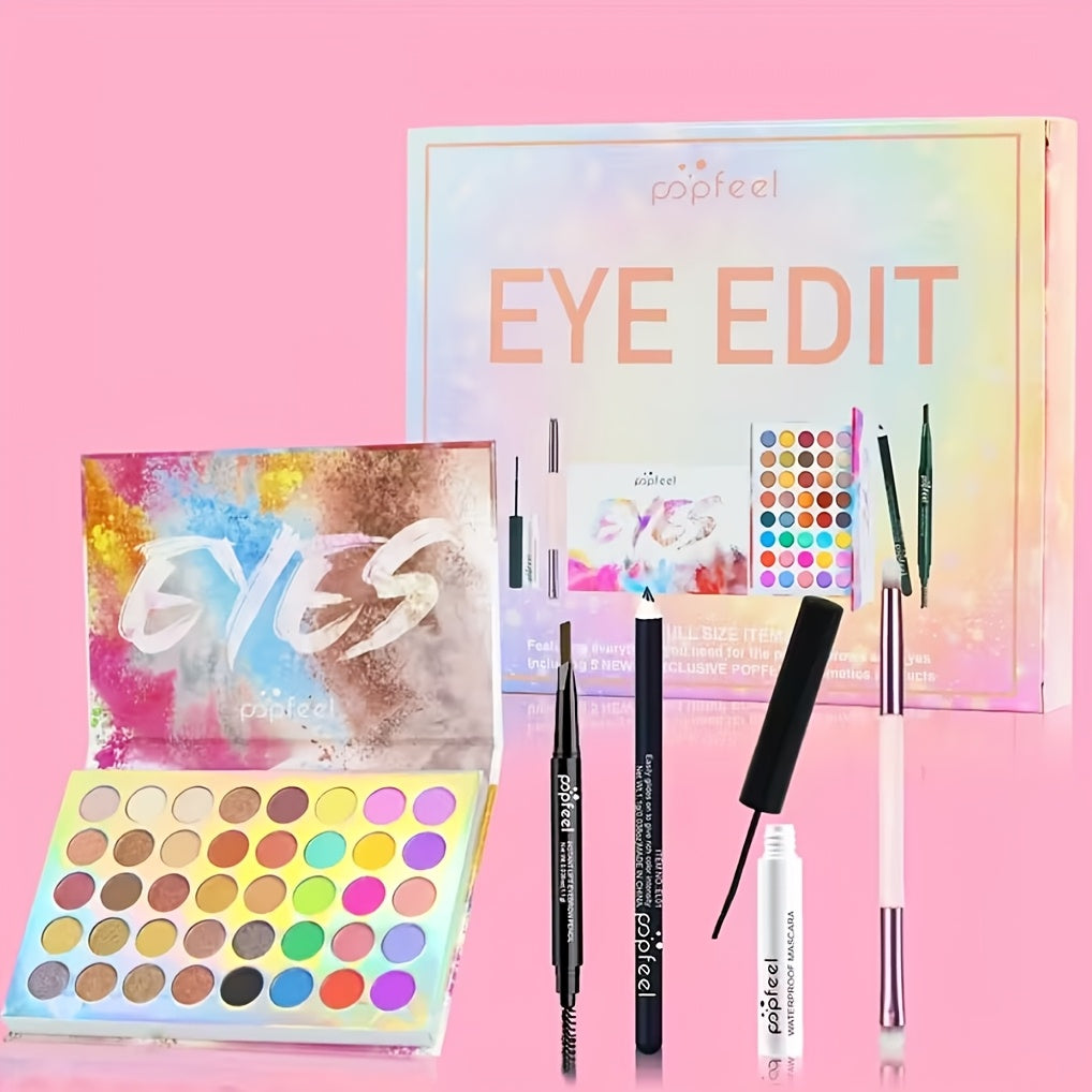 POPFEEL Full Makeup Gift Set with Highlighter Powder & Brushes - Complete Eyeshadow, Mascara, Eyebrow Pencil Palette Suitable for Spring Summer Looks, Berry// Colors, for Skin Tones, Valentine's Day Beauty Bundle