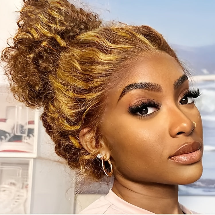 Honey Blonde Ombre Wig P4/27 Highlight Long Deep Wave Wig Long Curly Wavy Wig 200% Density Pre Plucked Glueless Wig HD Lace Ready To Wear Wigs Heat Resistant Fiber Wig For Fashion Women Girls Party Vacation Daily Used 28inch
