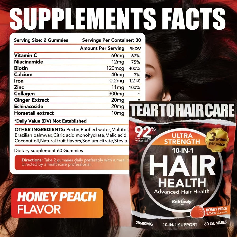 [Hair Thickening Gummy] 10-In-1 Hair Thickening Gummy Supplement - Contains Biotin, Vitamin C, Collagen And Zinc, Nourishes Skin And Supports Strong, Healthy Nails, Promotes Hair Thickness, Suitable For Men And Women, Peach Flavour, 60 Gummies, Local Ware