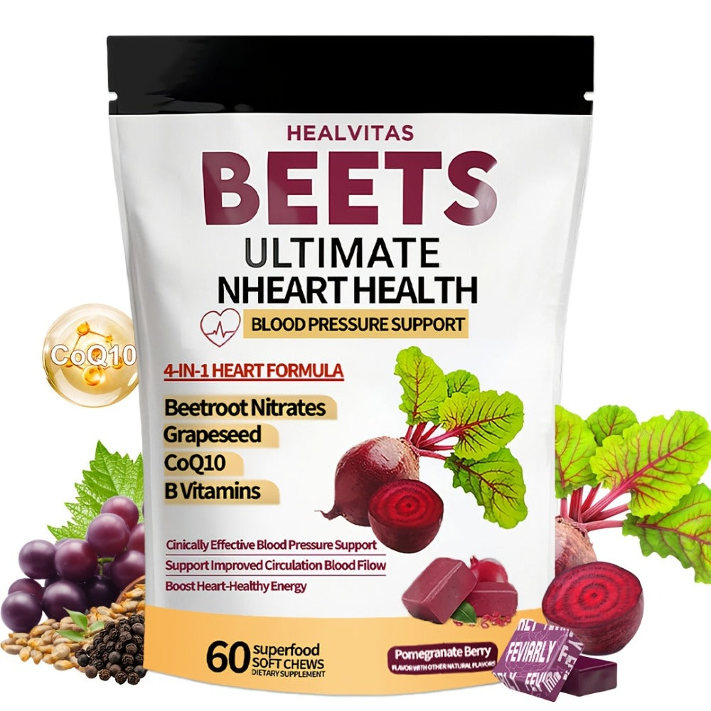 Super Beetroot Chewable Gummies Contains CoQ10, Beetroot Powder, Grape Seed Extract, Multivitamins, Supports Healthy Blood Pressure, Heart Health, Circulation & Blood Flow, 60/120 Soft Chewable Gummies