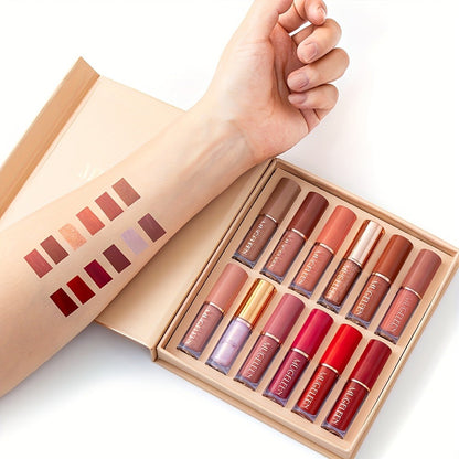 Lip Gloss Set 12 Pcs Matte Non-Stick Non-Fading Long-Lasting Lip Gloss Kit, Assorted Colors Liquid Lipstick Set, Beauty Gift for Women & Girls