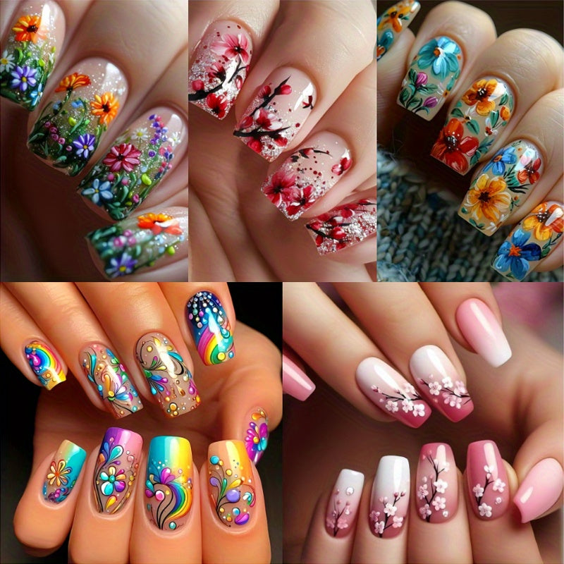 120pcs 5pcs Mixed Color System Nail Art Set, Glossy Finish, Square, Medium Length, Floral and Striped Patterns, Spring/Summer Removable Nail Art Stickers