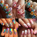 120pcs 5pcs Mixed Color System Nail Art Set, Glossy Finish, Square, Medium Length, Floral and Striped Patterns, Spring/Summer Removable Nail Art Stickers