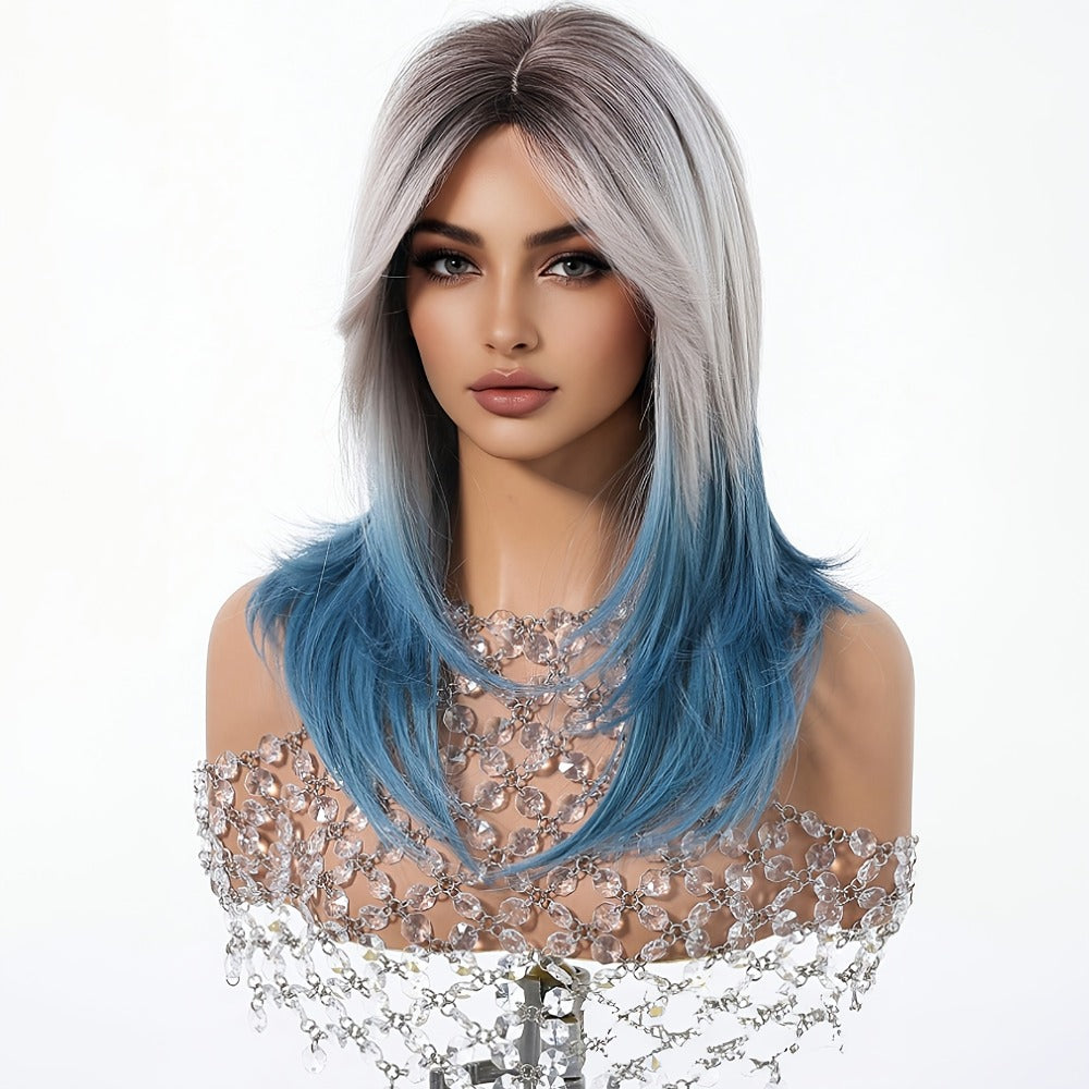 Blue Wig with Bangs for Women — 22 Inch Gradient Ombre Layered Synthetic Wig, Heat Resistant with Rose Hair Net, for Cosplay Halloween Party Festival Wedding Daily Wear