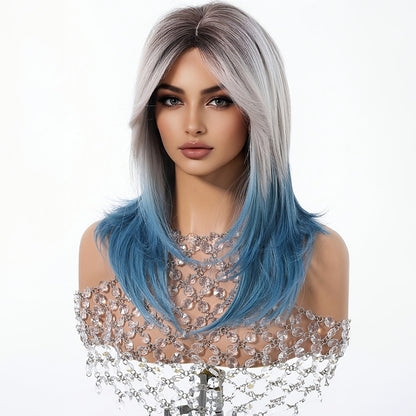 Blue Wig with Bangs for Women — 22 Inch Gradient Ombre Layered Synthetic Wig, Heat Resistant with Rose Hair Net, for Cosplay Halloween Party Festival Wedding Daily Wear