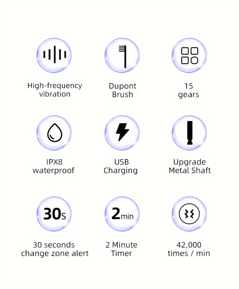 Sonic Electric Toothbrush That Is with an IPX8 Rating, Includes 8 Replacement Brush Heads, a Travel Case, And USB Charging. It Features a Metal Shaft Suitable for Both Adult Males And Females, Comes with a Toothbrush Holder