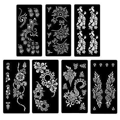 Tattoo Stencils for Body Painting 7-Piece Hollow Flower Nail Art Arm Stickers | Temporary Body Art for Festivals Events | Easy Apply Floral Henna-Style Decoration | Reusable Body Paint Stencil Set