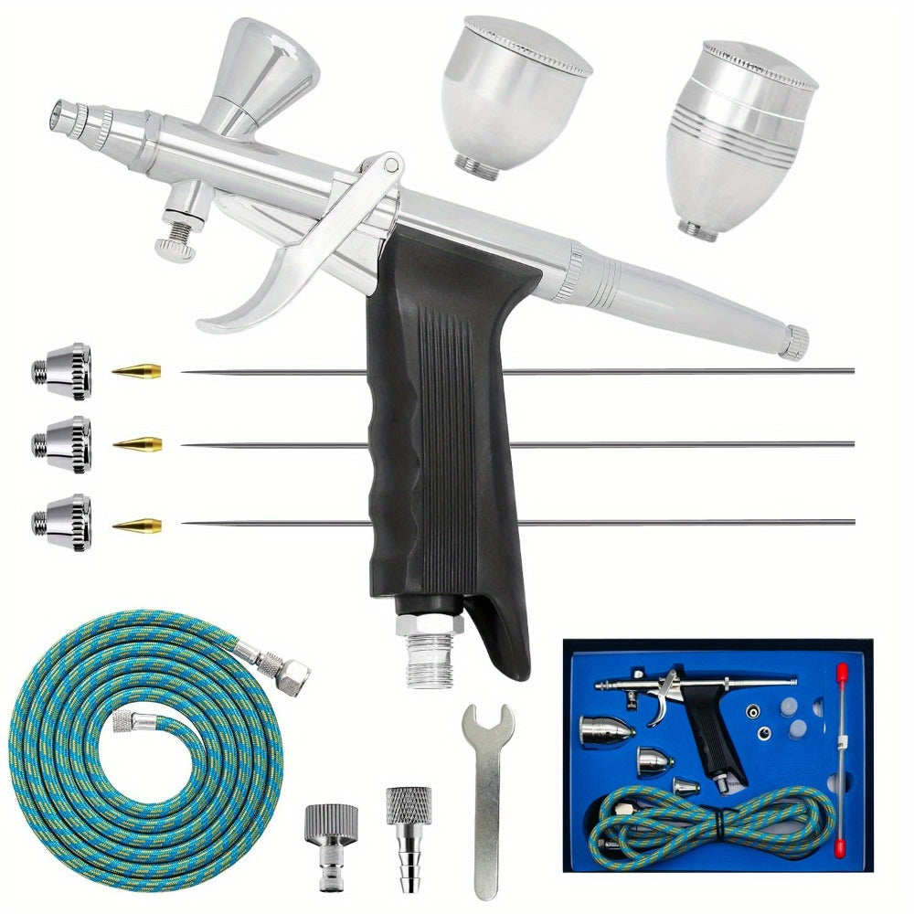 Professional Double Action Trigger Airbrush Kit with 0.3mm/0.5mm/0.8mm Needles & 2cc/5cc/13cc Paint Cups - Manual Air-Powered Spray Gun for Nail Art, Cake Decorating, Makeup, Painting - Portable, No Batteries/Electricity, Easy-Clean Design