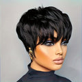 Women'S Pixie Cut Wig with Bangs, Human Hair, Straight, Non-Lace, Rose Net Cap, 180% Density, Machine Made, Glueless, Suitable for African Women - Basic Style