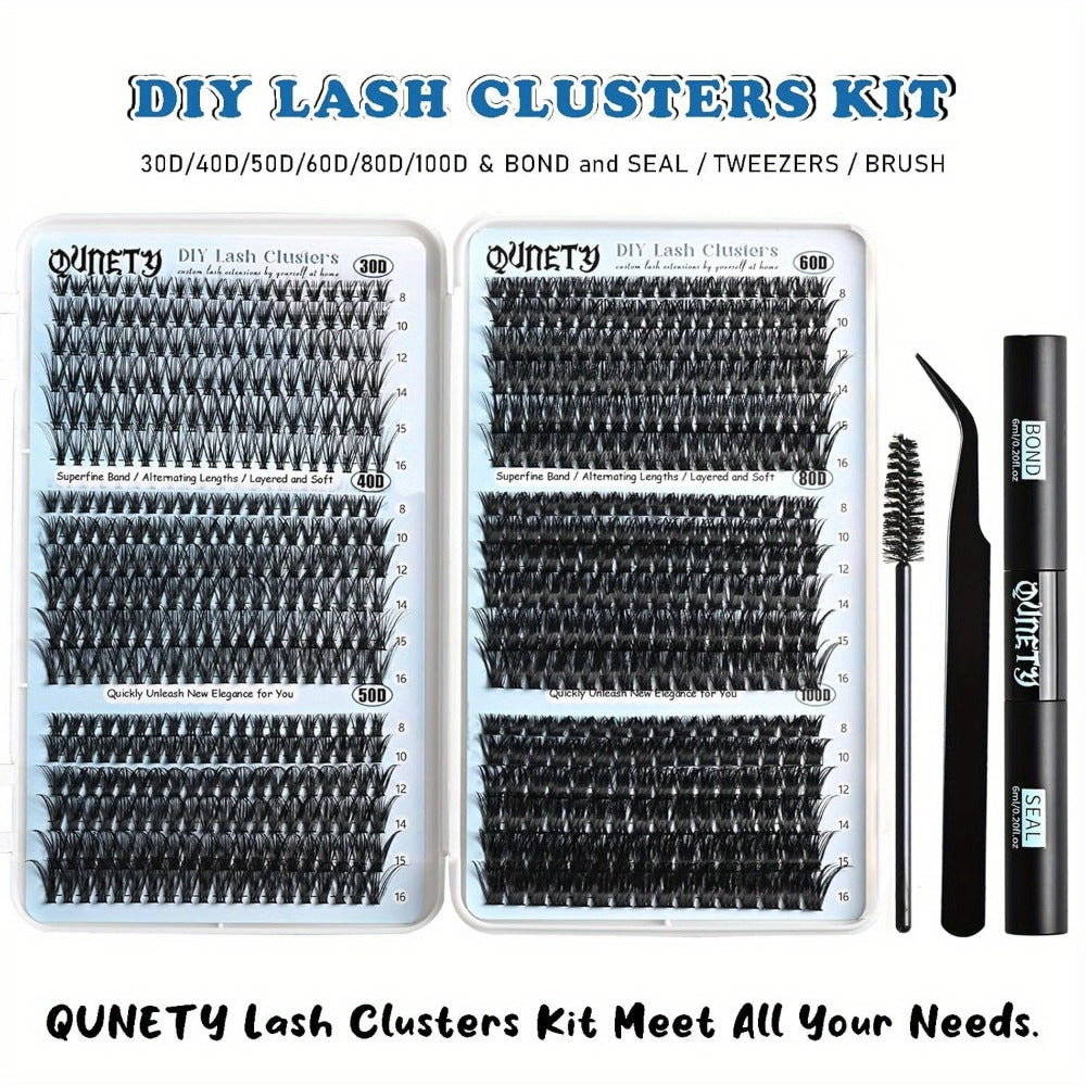 720pcs, 30D-100D Eyelash Extension Kit with Glue & Tweezers - 6 Styles/ Lengths, Lightweight Long-Lasting Cluster Lashes, No Irritation, 100% Handmade for Natural/ Volume Look