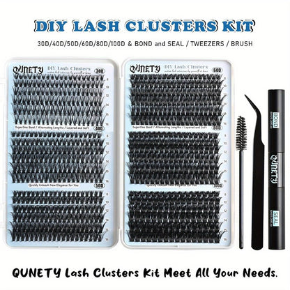 Cluster Lash Extension Kit 720pcs with Glue & Tweezers — 30D–100D, 6 Styles & Lengths, Lightweight Long-Lasting, No Irritation, 100% Handmade for Natural & Volume Look