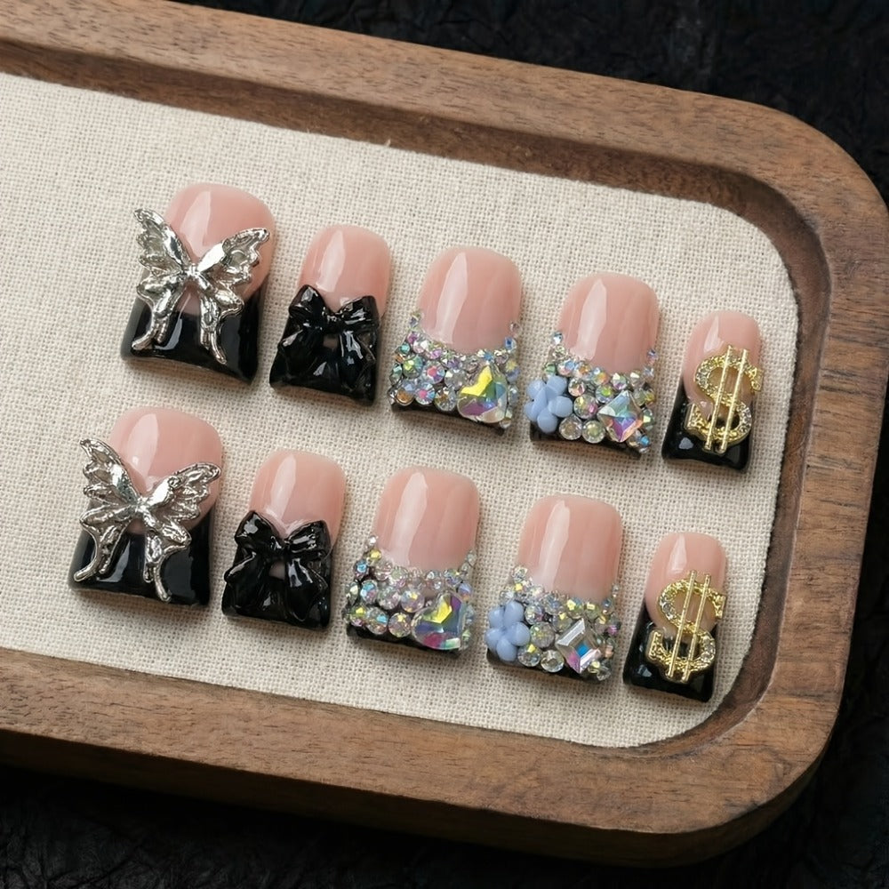 Handcrafted Press On Nails Duckbill Medium – Black & Nude Colorblock, Glitter, AB Rhinestone & Liquid Metal Butterfly | 10pcs Glossy Nail Set for Parties, Daily Wear & Gifts, S/M/L