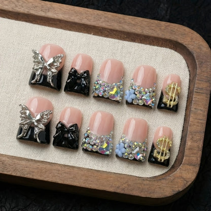 Handcrafted Press On Nails Duckbill Medium – Black & Nude Colorblock, Glitter, AB Rhinestone & Liquid Metal Butterfly | 10pcs Glossy Nail Set for Parties, Daily Wear & Gifts, S/M/L