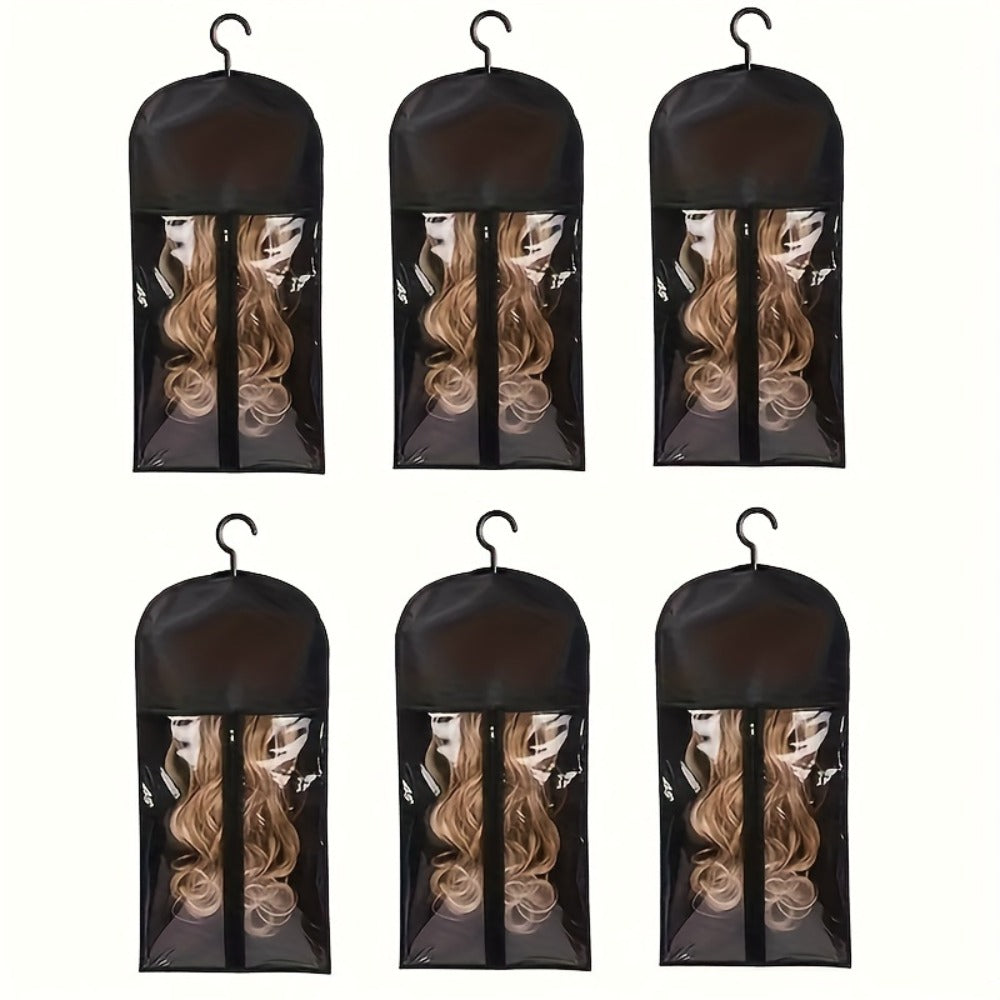 Wig Storage Bags with Hangers 6 Pack Dustproof Large Capacity Wig Organizer Bag Set Zipper Closet Hanging Bag for Wigs Hair Extensions Accessories Travel Salon Home Black