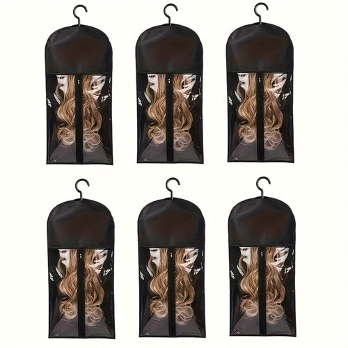 Wig Storage Bags with Hangers 6 Pack Dustproof Large Capacity Wig Organizer Bag Set Zipper Closet Hanging Bag for Wigs Hair Extensions Accessories Travel Salon Home Black