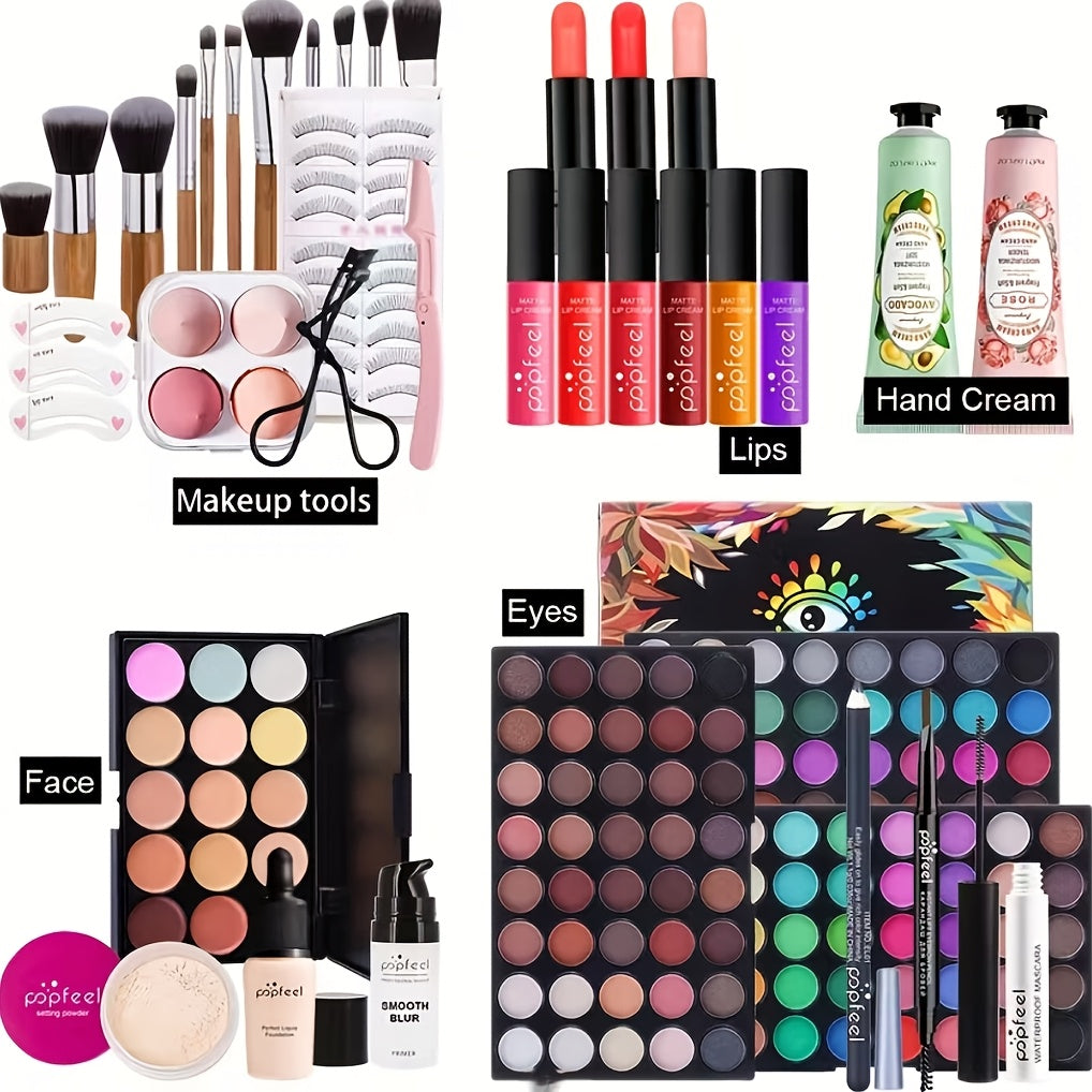 POPFEEL All-in-One Full Face Makeup Kit with Brush - Complete Beauty Set, Berry & Neutral Foundation, Blush, Eyeshadow Palette & Mascara Suitable for Gifts or Personal Use, Comprehensive Powder-Based Makeup Collection