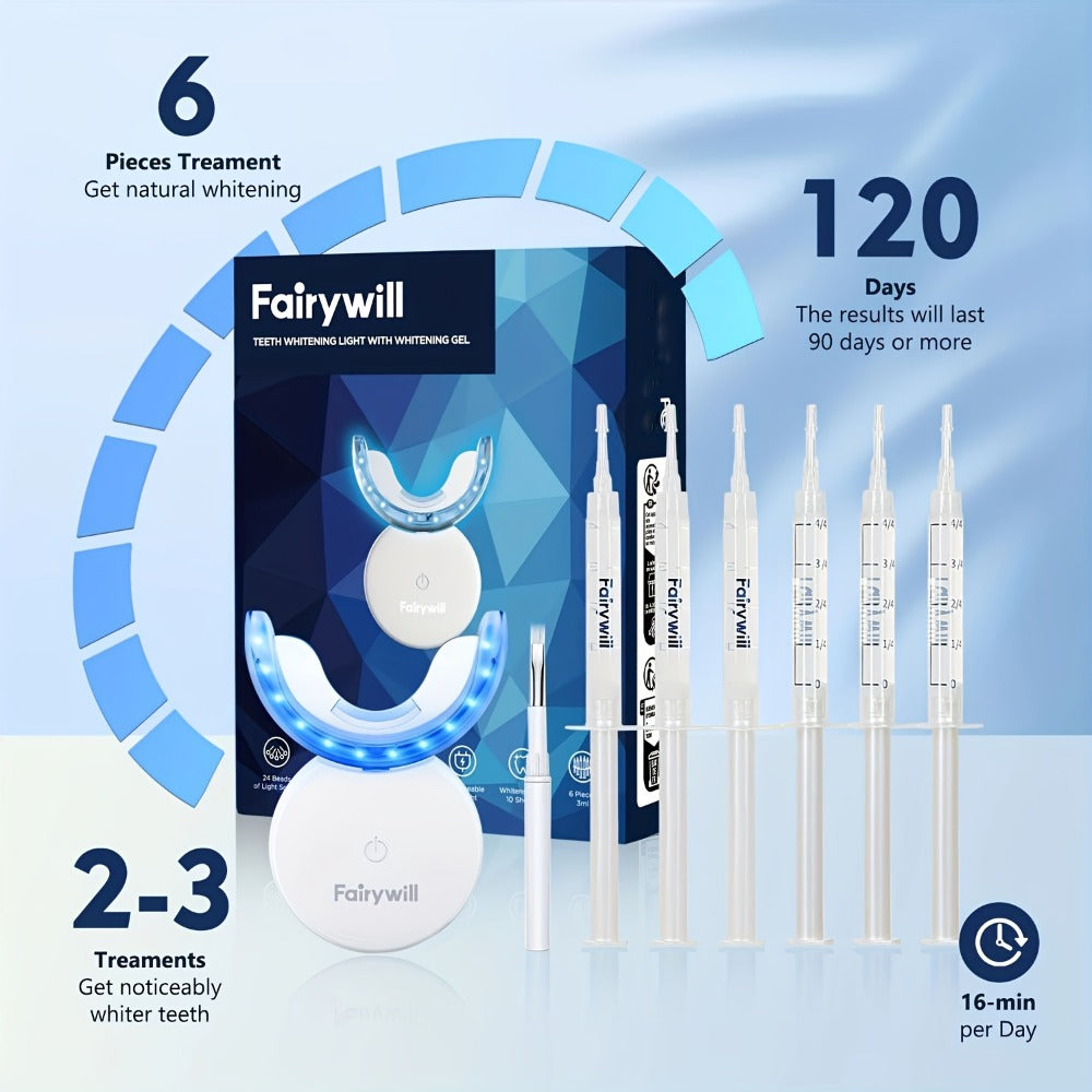 Fairywill 6 X 0.1oz Carbamide Peroxide Gel LED Teeth Whitening Kit, Fast And Gentle Teeth Whitening with Tray Case for Sensitive Teeth, Easy to Use
