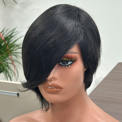 Pixie Cut Human Hair Wig with Bangs 8 Inch 200% Density Glueless Side Part Layered Straight Rose Net Cap Throw On and Go Women #1 #4 #99J Daily Party