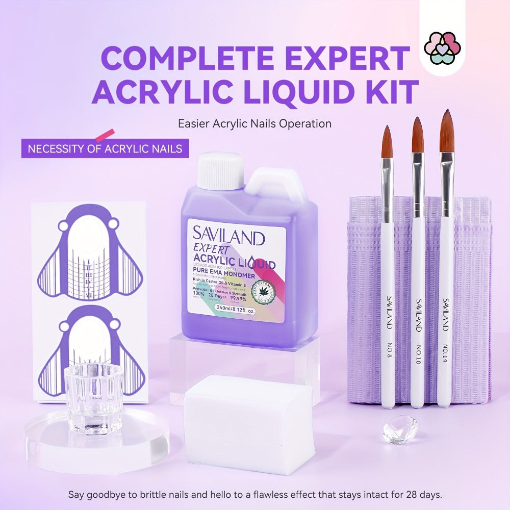 SAVILAND Salon-Grade Odorless Acrylic Liquid Monomer (8Oz) - Castor Oil & Vitamin E Enriched Formula with Complete Nail Kit (Brush/Dappen Tray/Mat), Low-Fume EMA Technology for Healthy Nail Art 2025