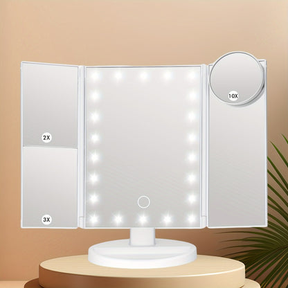 LED Lighted Trifold Makeup Mirror with 1X 2X 3X 10X Magnification, Touch Screen Vanity Mirror with Adjustable Brightness, USB Powered Folding Cosmetic Mirror for Bathroom Dressing Table