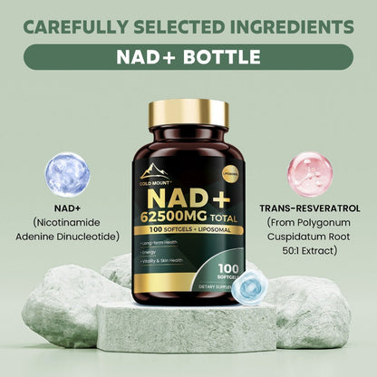 NAD+ Supplement 62500mg — Nicotinamide Riboside & Trans-Resveratrol for Healthy Aging, Brain Health & Memory Support | Focus Enhancement | 100 Softgels 50-Day Supply