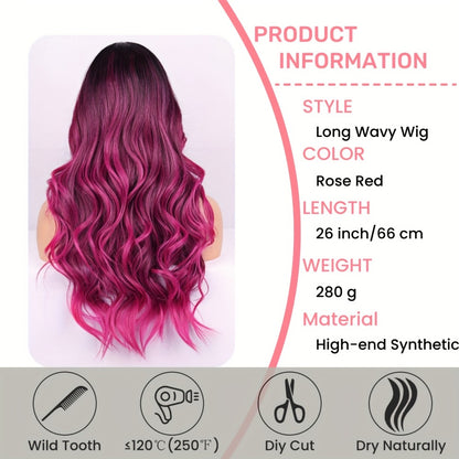 Long Wavy Ombre Purple Wig with Bangs 26 Inch Body Wave Side Part | Ombre Rose Red Dark Purple Heat Resistant Synthetic Wig for Daily Party Costume Halloween